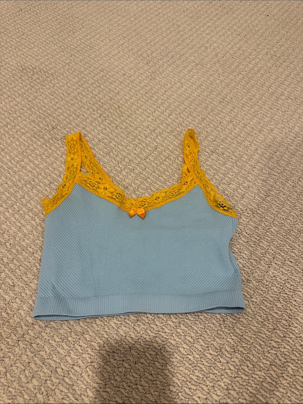 Urban Outfitters Light Blue Cropped Cami with Yellow Lace Trim